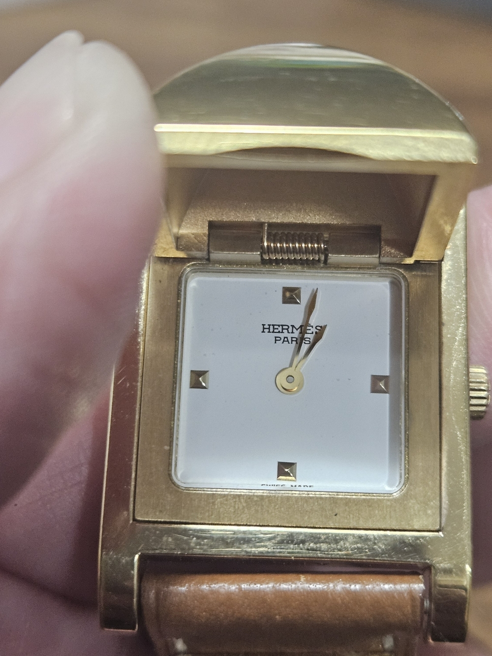 Hermes Gold Case Watch with White Dial and Tan Leather Strap